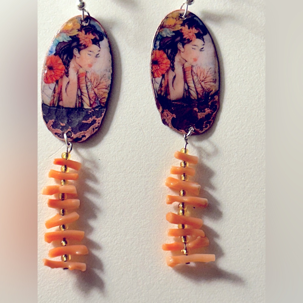 Earrings NWOT Artisan “Geisha” Enamel Copper, peach Angel Skin Coral 3” pierced